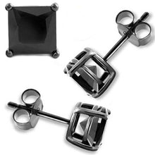 Load image into Gallery viewer, Sterling Silver Black Plated Stud Earrings Black Princess Cut CZ Earring on High Quality Prong Setting with Friction Style Post