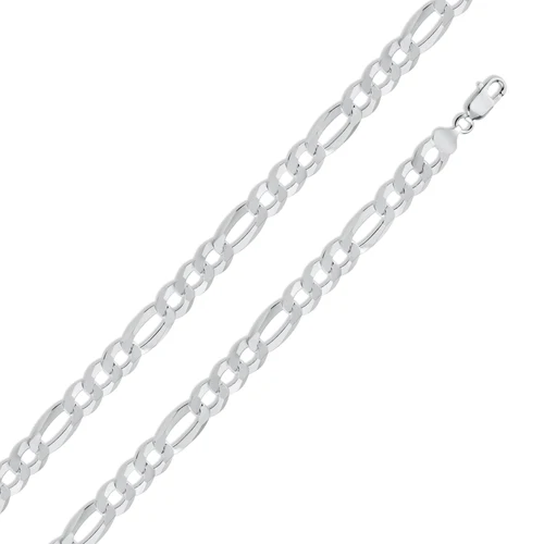 Italian Sterling Silver Flat Figaro Chain 220- 10 mm with Lobster Claw Clasp Closure