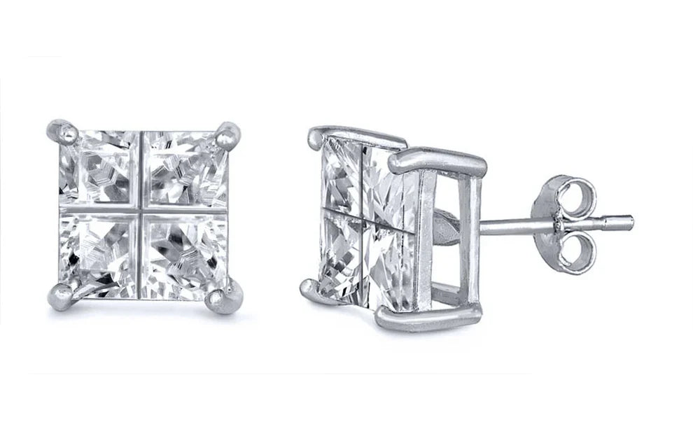 Sterling Silver Princess Invisible Cut Cubic Zirconia Stud Earring. Set on High Quality Prong Setting with Rhodium Finish & Friction Style Post