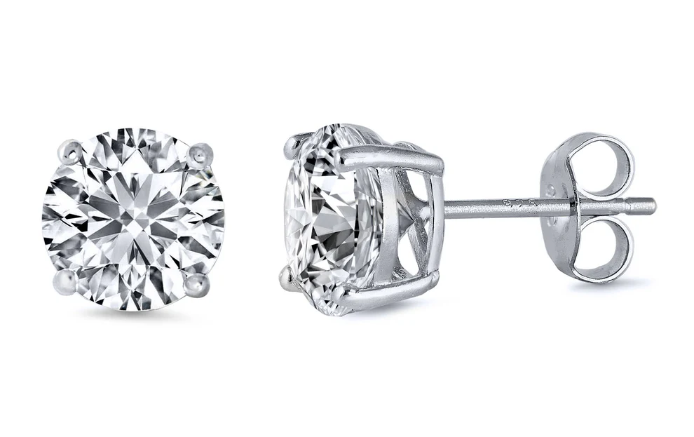 Sterling Silver Rhodium Plated Round Cut Stud Earring Set on Basket Prong Setting with Friction Back Post 7mm