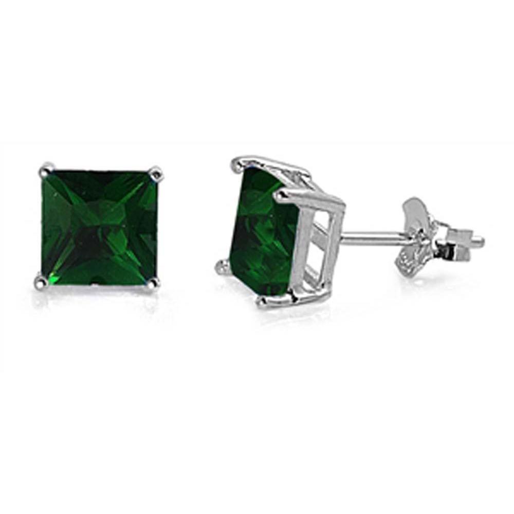 Sterling Silver Rhodium Plated 7mm Princess Cut Cz Stud Earring Set on Basket Prong Setting with Friction Back Post