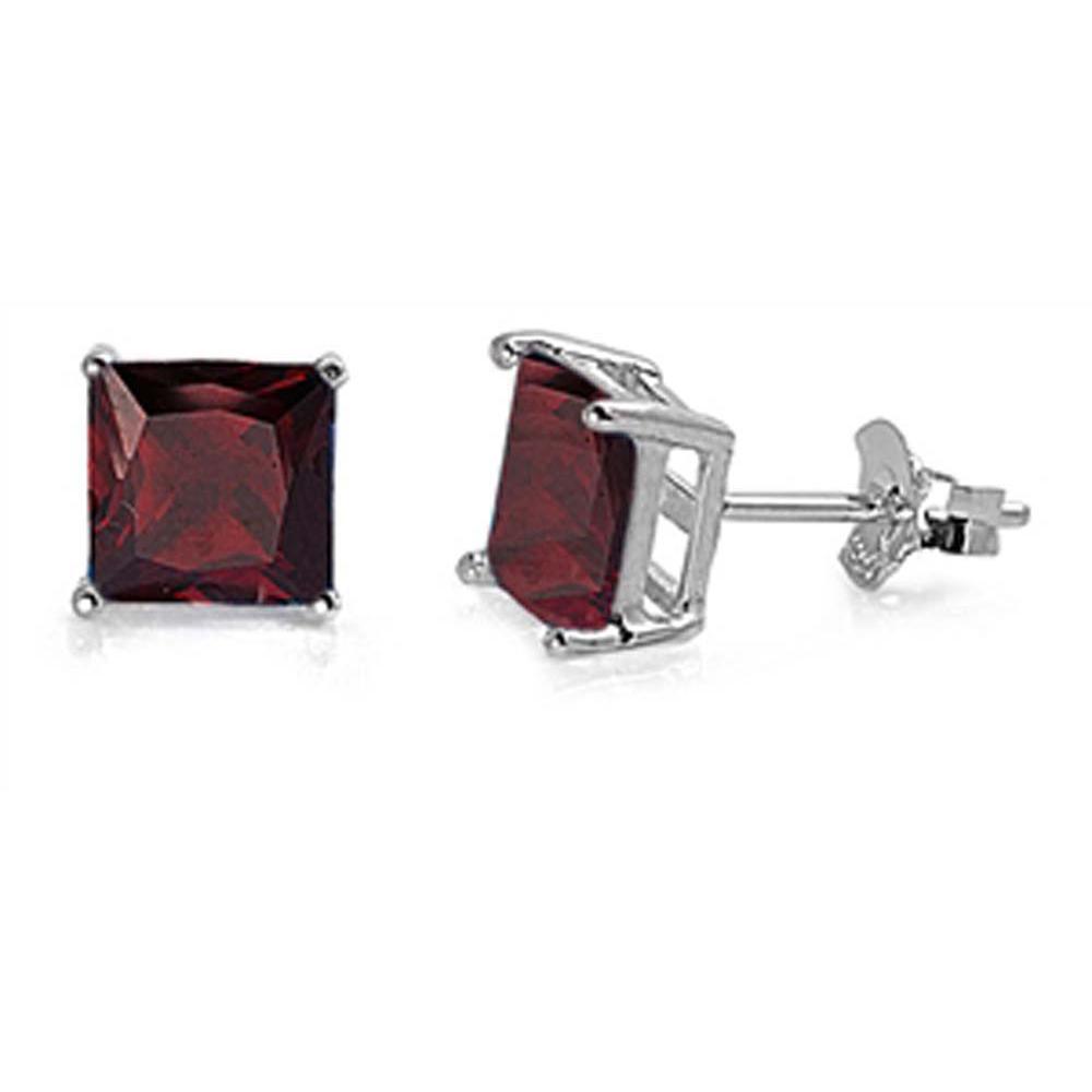 Sterling Silver Rhodium Plated 8mm Princess Cut Cz Stud Earring Set on Basket Prong Setting with Friction Back Post-8mm