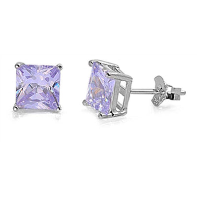 Sterling Silver Rhodium Plated 8mm Princess Cut Cz Stud Earring Set on Basket Prong Setting with Friction Back Post-8mm