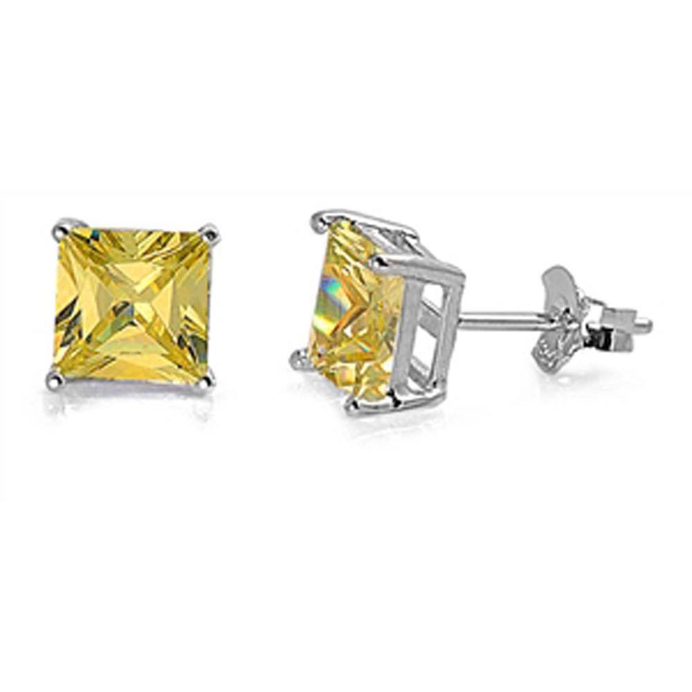 Sterling Silver Rhodium Plated 4mm Princess Cut Cz Stud Earring Set on Basket Prong Setting with Friction Back Post