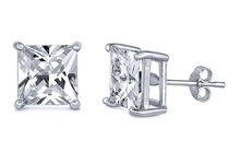 Load image into Gallery viewer, Sterling Silver Rhodium Plated 7mm Princess Cut Cz Stud Earring Set on Basket Prong Setting with Friction Back Post