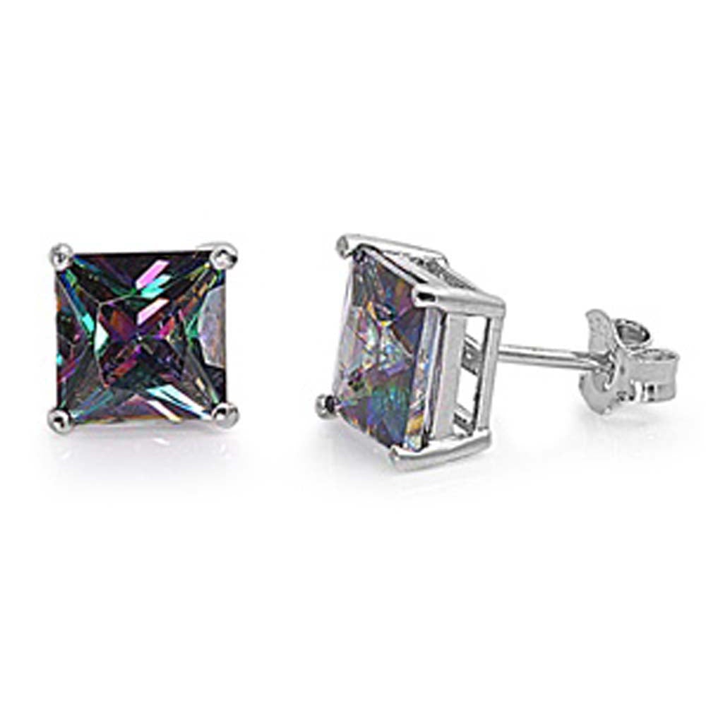 Sterling Silver Rhodium Plated 6mm Princess Cut Cz Stud Earring Set on Basket Prong Setting with Friction Back Post