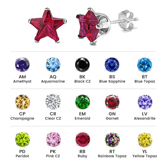 Sterling Silver Colored CZ 7mm Stamping Star Earrings