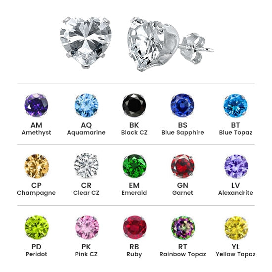 Sterling Silver Colored CZ 6mm Stamping Heart Earrings
