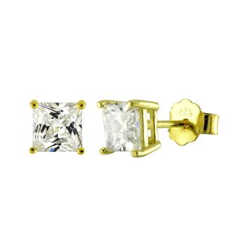 Sterling Silver Yellow Gold Plated Solid Square Cubic Zirconia Studs Casting